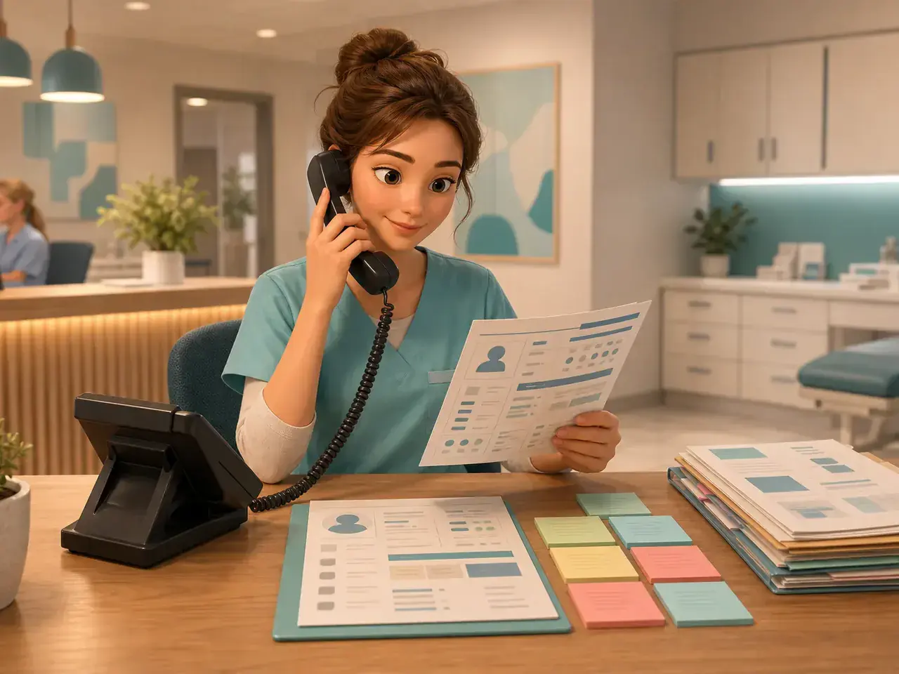 Illustration einer überlasteten Mitarbeiterin mit Telefon, Kalender und mehreren Rückrufnotizen
