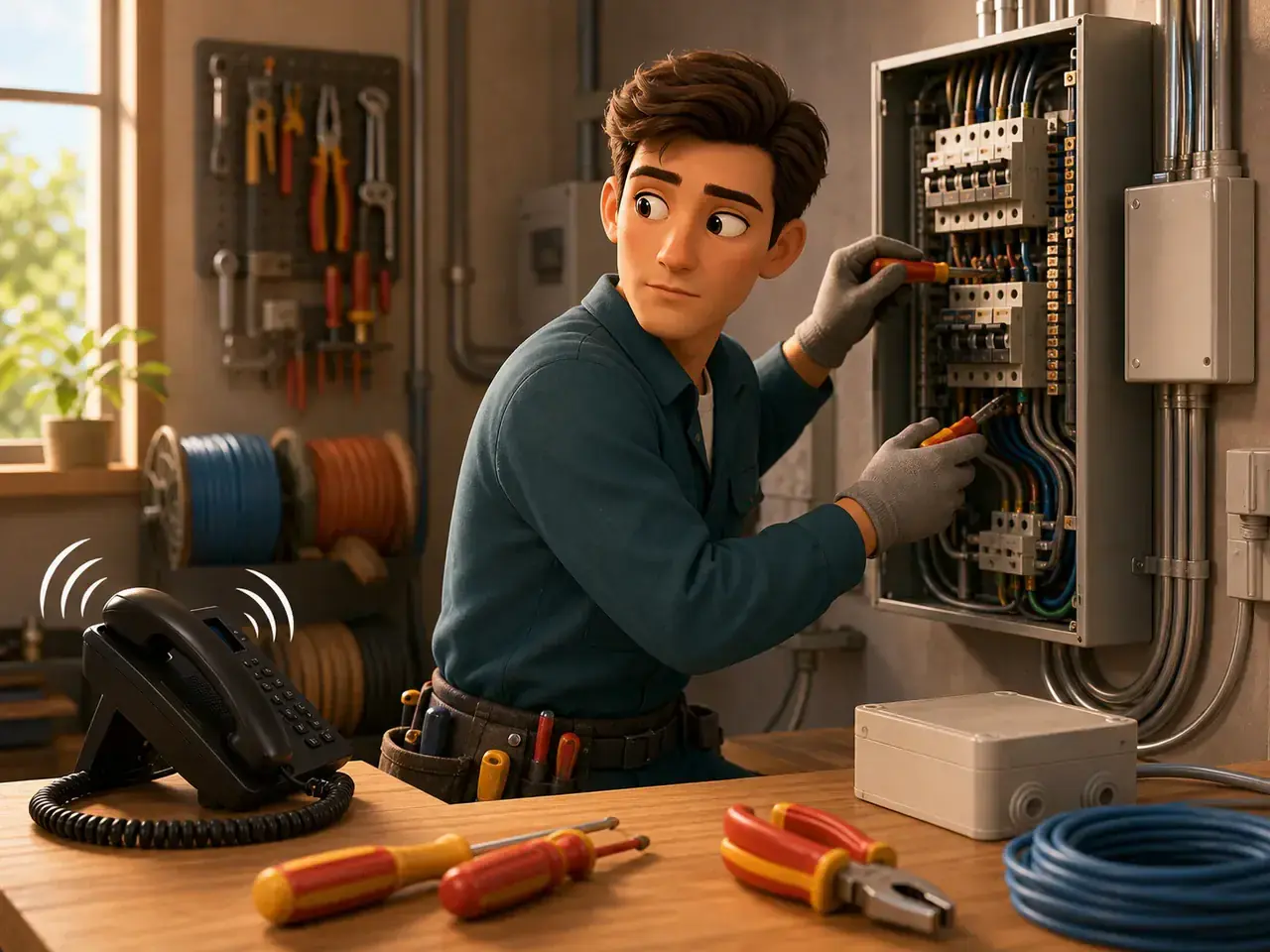 Illustration einer Arbeitsunterbrechung auf der Baustelle eines Elektrobetriebs durch einen Kundenanruf