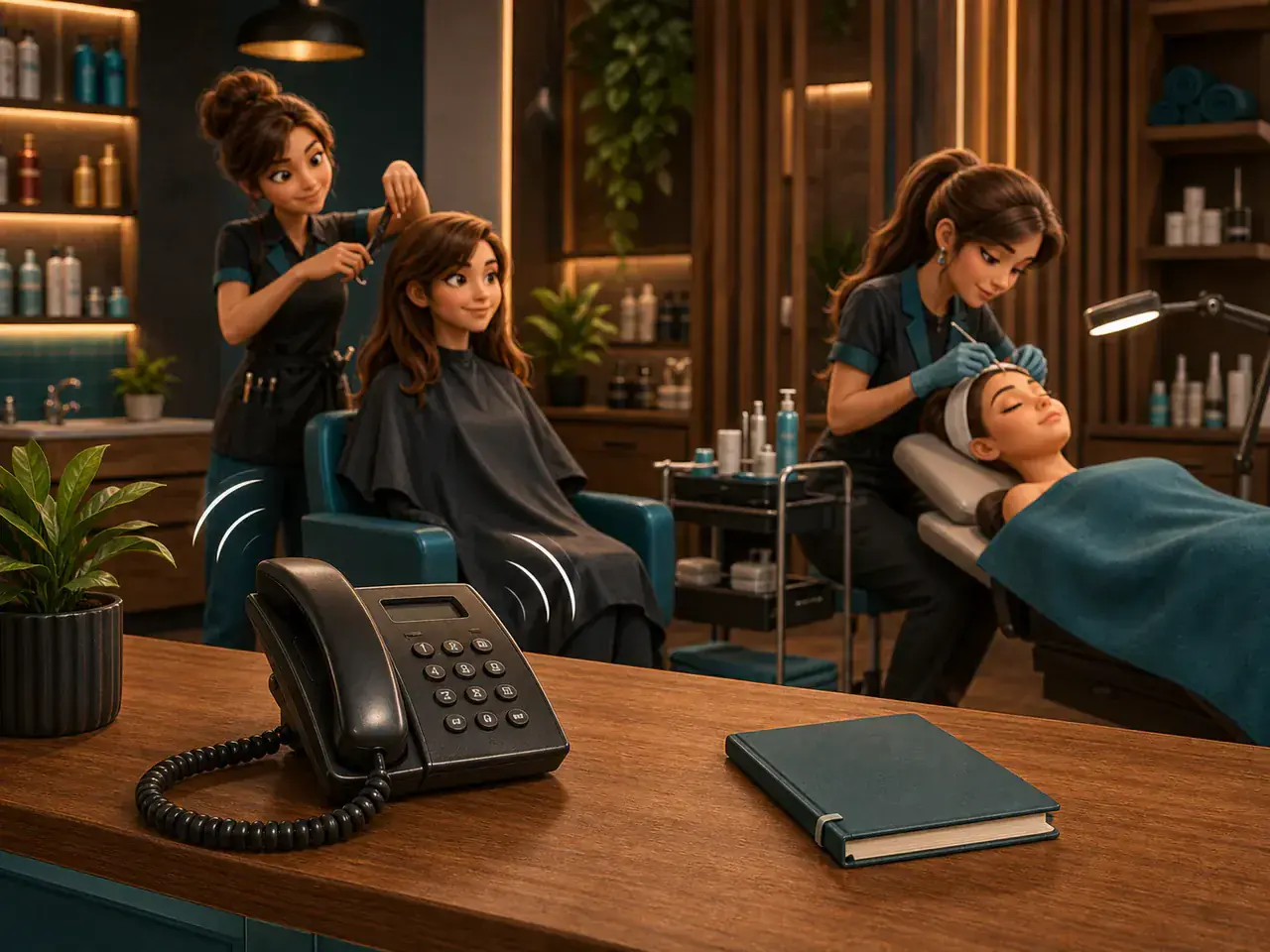 Illustration einer Kundin bei einem unbeantworteten Anruf an ein Friseur- und Kosmetikstudio