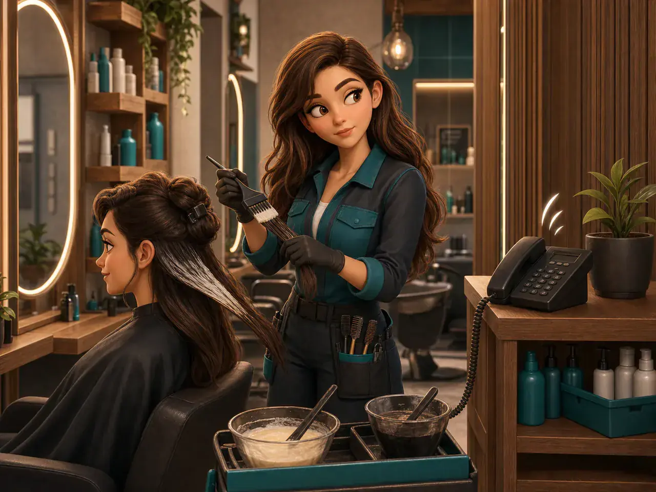 Illustration einer durch einen Anruf unterbrochenen Behandlung im Friseur- oder Kosmetikstudio