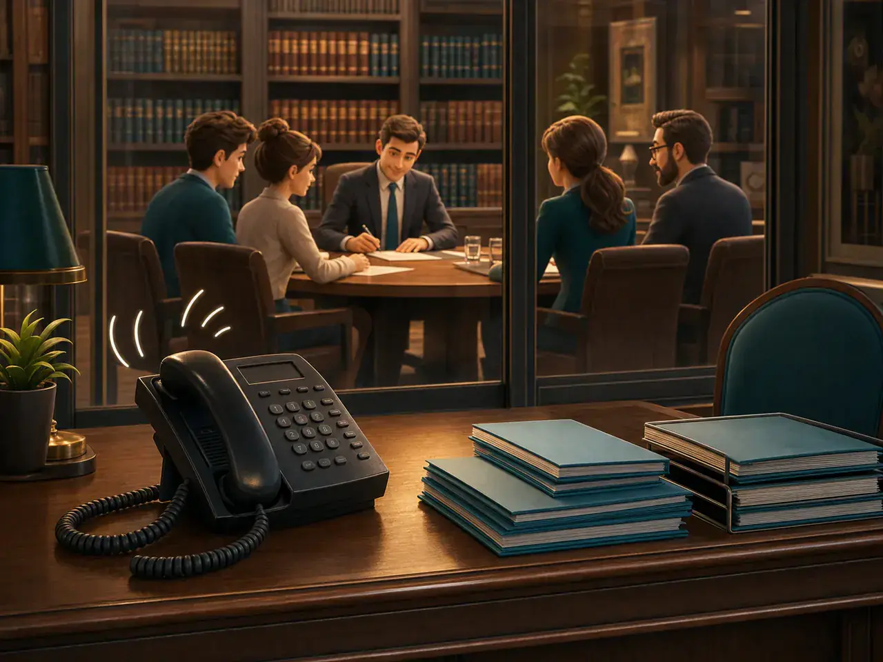 Illustration eines Mannes mit Smartphone vor einem klingelnden, unbesetzten Bürotelefon – Symbol für die Erreichbarkeit eines Notariats