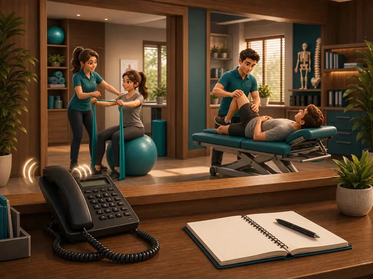 Illustration eines Mannes mit Smartphone vor einem klingelnden, unbesetzten Bürotelefon – Symbol für die Erreichbarkeit einer Physiotherapiepraxis