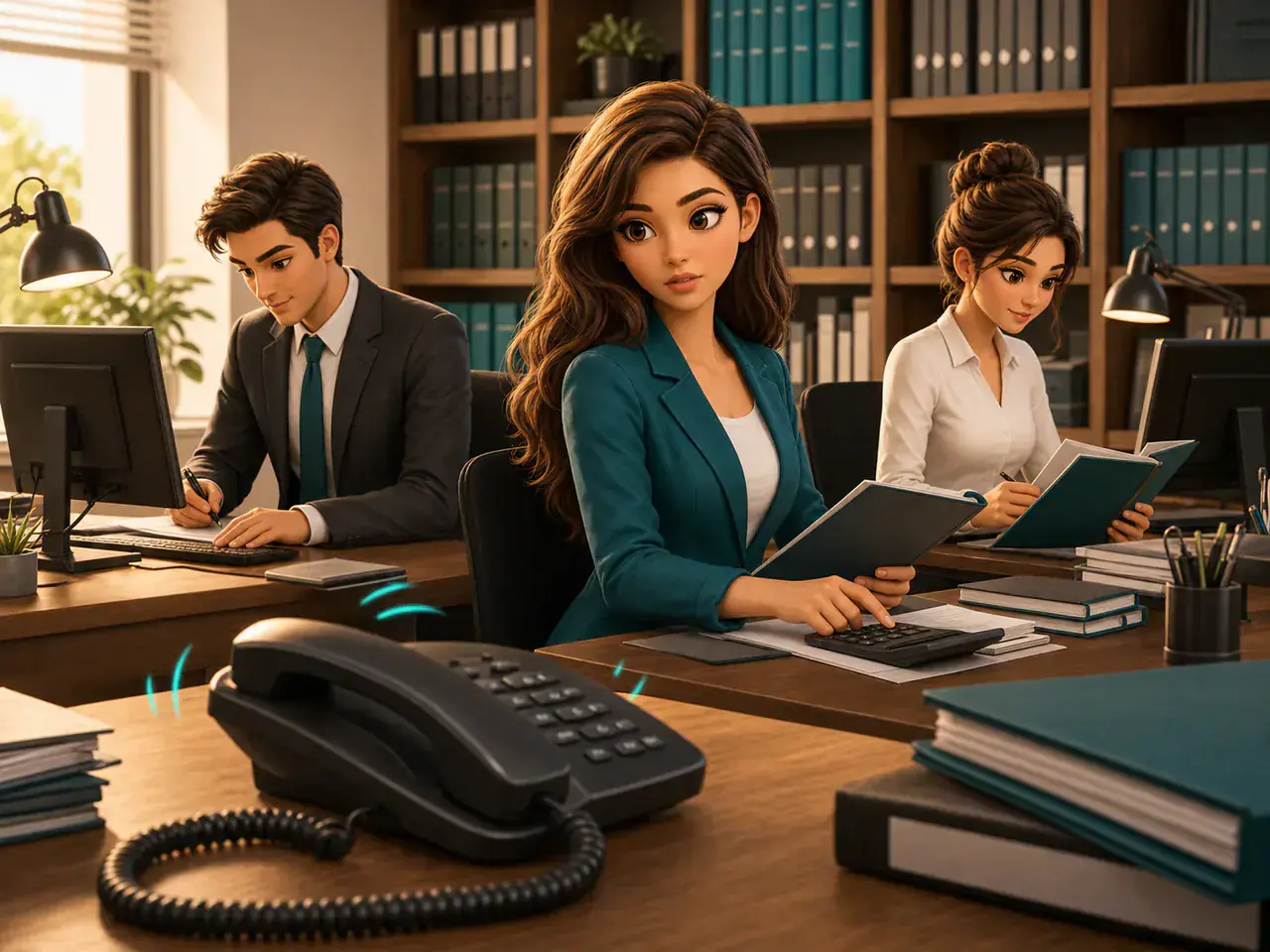 Illustration eines Mannes mit Smartphone vor einem klingelnden, unbesetzten Bürotelefon – Symbol für die Erreichbarkeit einer Steuerkanzlei