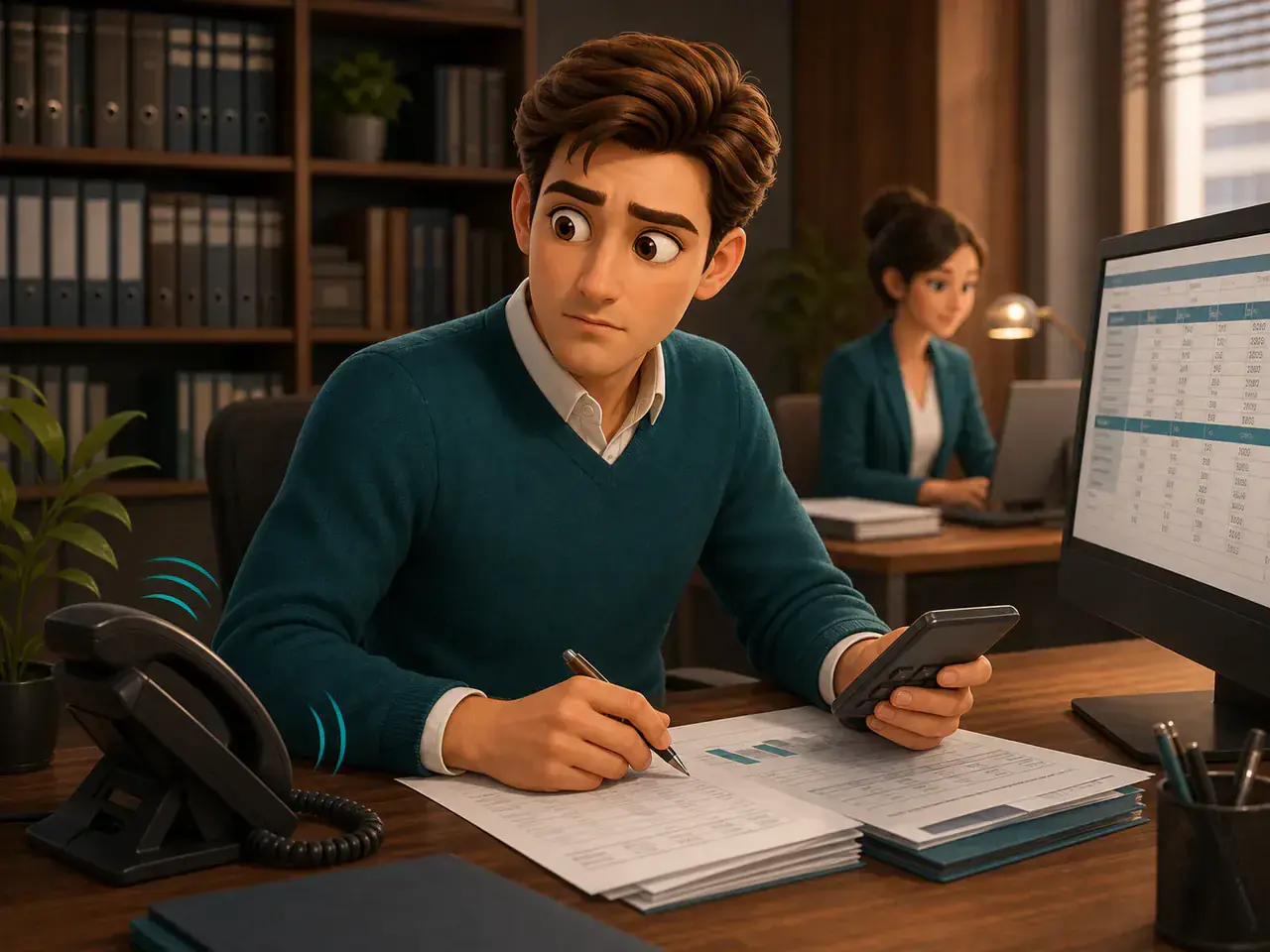 Illustration einer Beraterin im Mandantengespräch, die zu einem klingelnden Bürotelefon schaut