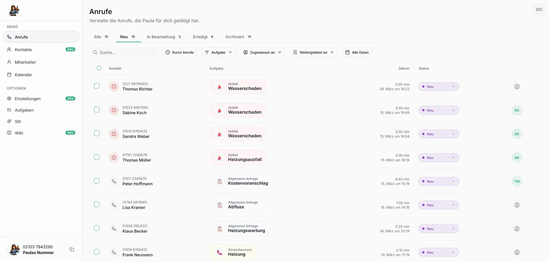 Das Ruf-Paula-Dashboard mit Anrufliste, erkannten Anliegen, Status und Zuständigkeiten