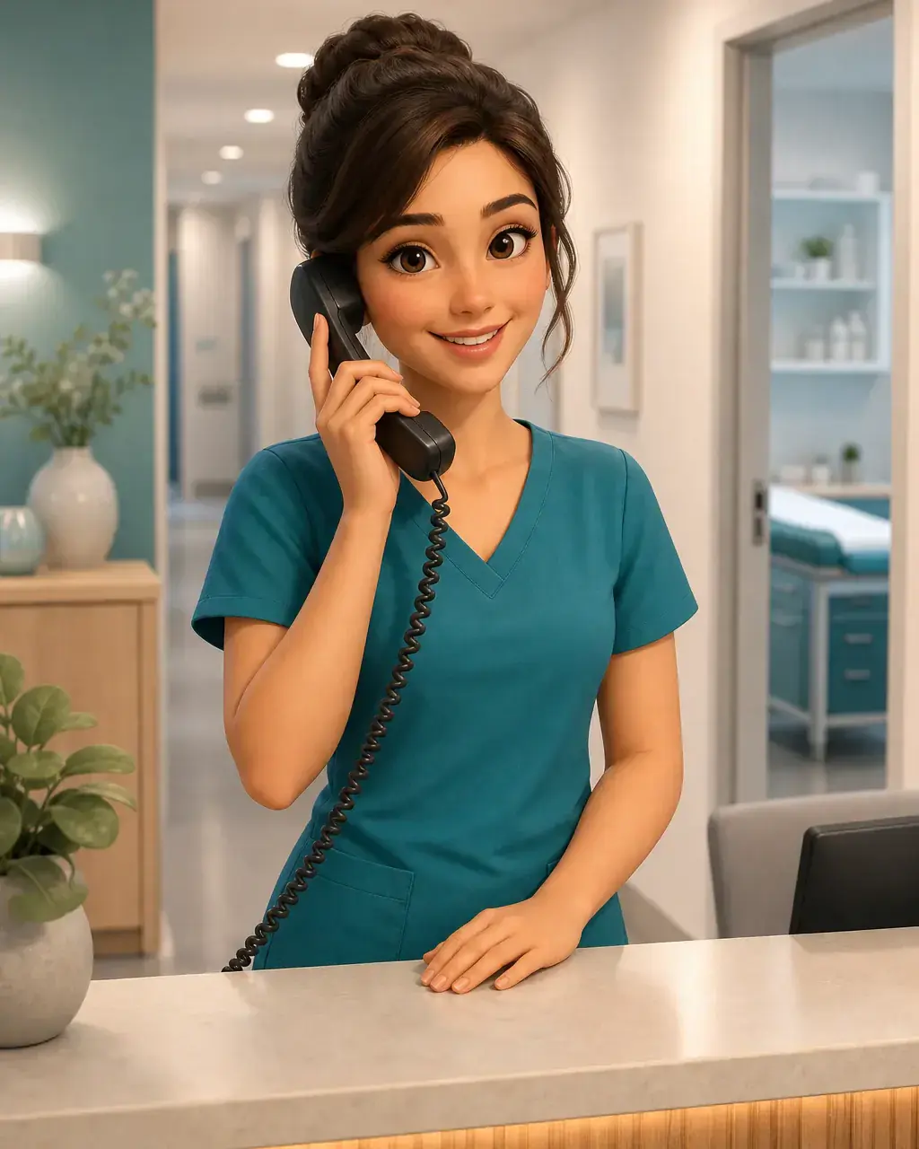 Illustration einer medizinischen Fachangestellten am Telefon in einer modernen Arztpraxis