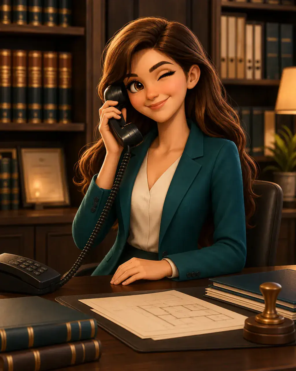 Illustration einer professionellen Telefonassistentin am Empfang eines modernen Büros – KI-Telefonassistenz für Notariate