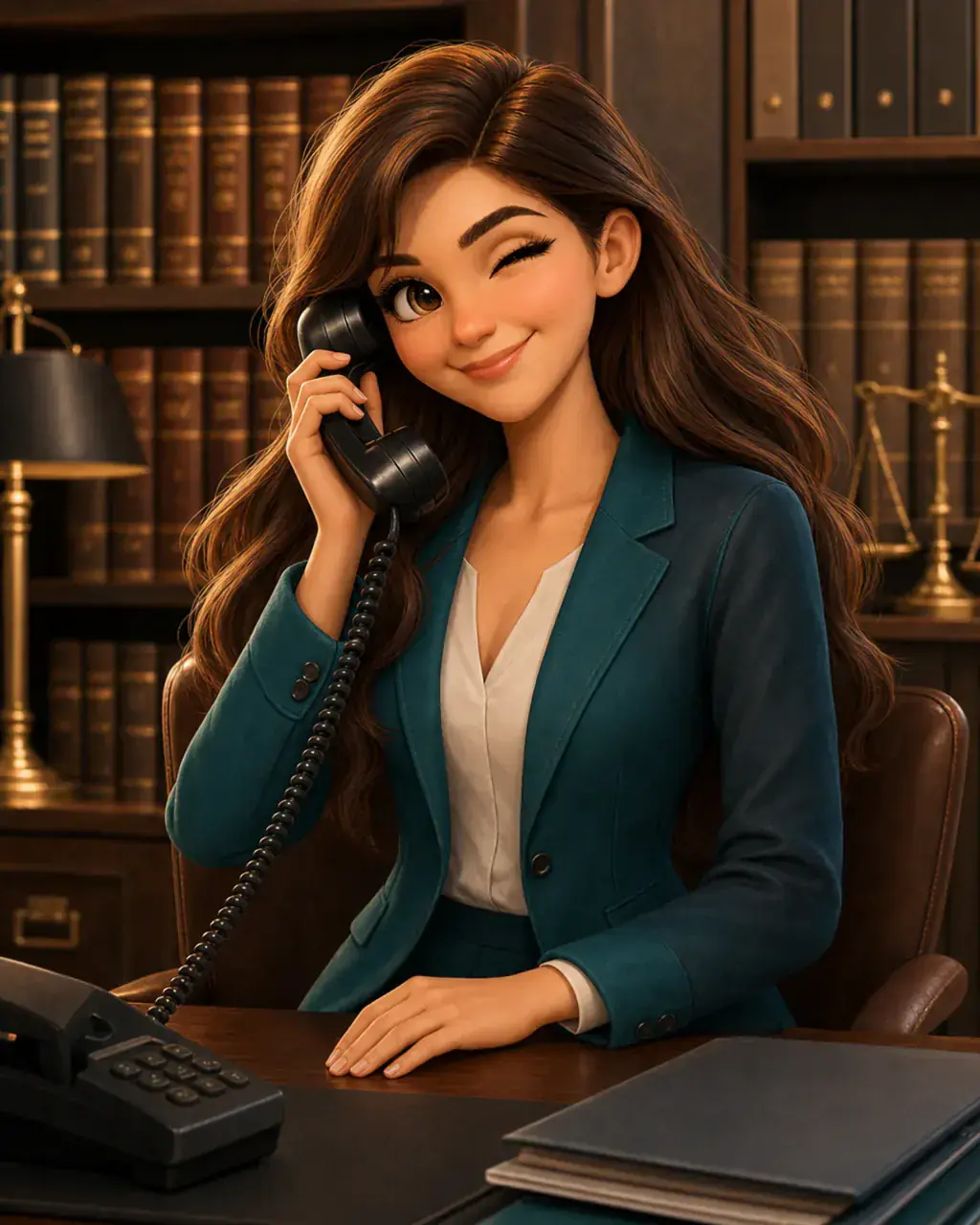 Illustration einer professionellen Telefonassistentin am Empfang eines modernen Büros – KI-Telefonassistenz für Anwaltskanzleien