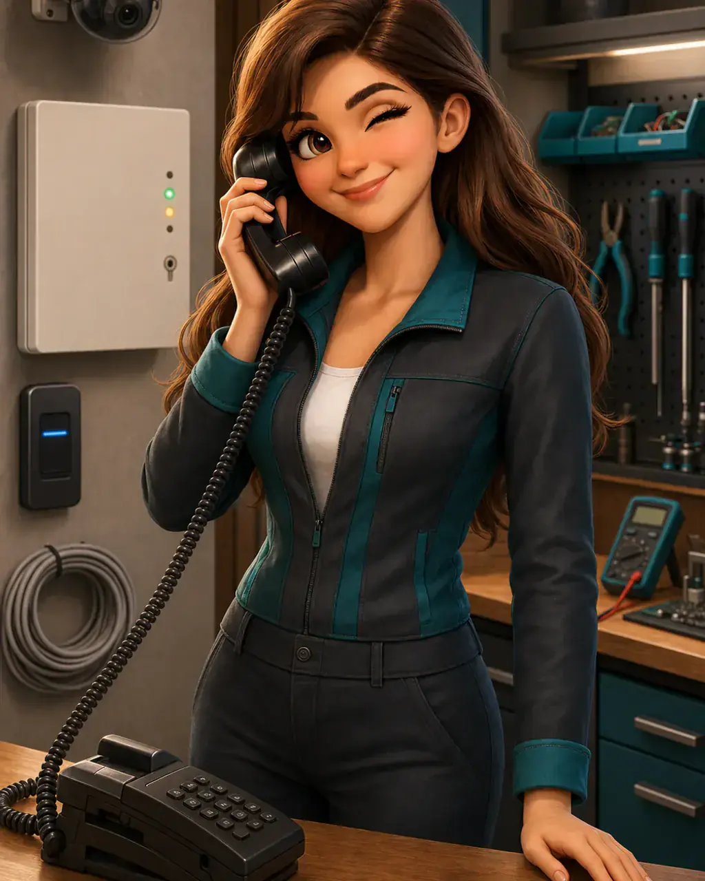 Illustration von Paula als KI-Telefonassistentin für einen Sicherheitstechnik-Betrieb