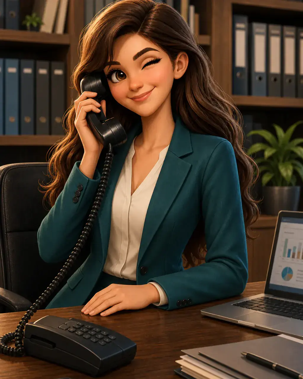 Illustration einer professionellen Telefonassistentin am Empfang eines modernen Büros – KI-Telefonassistenz für Steuerkanzleien