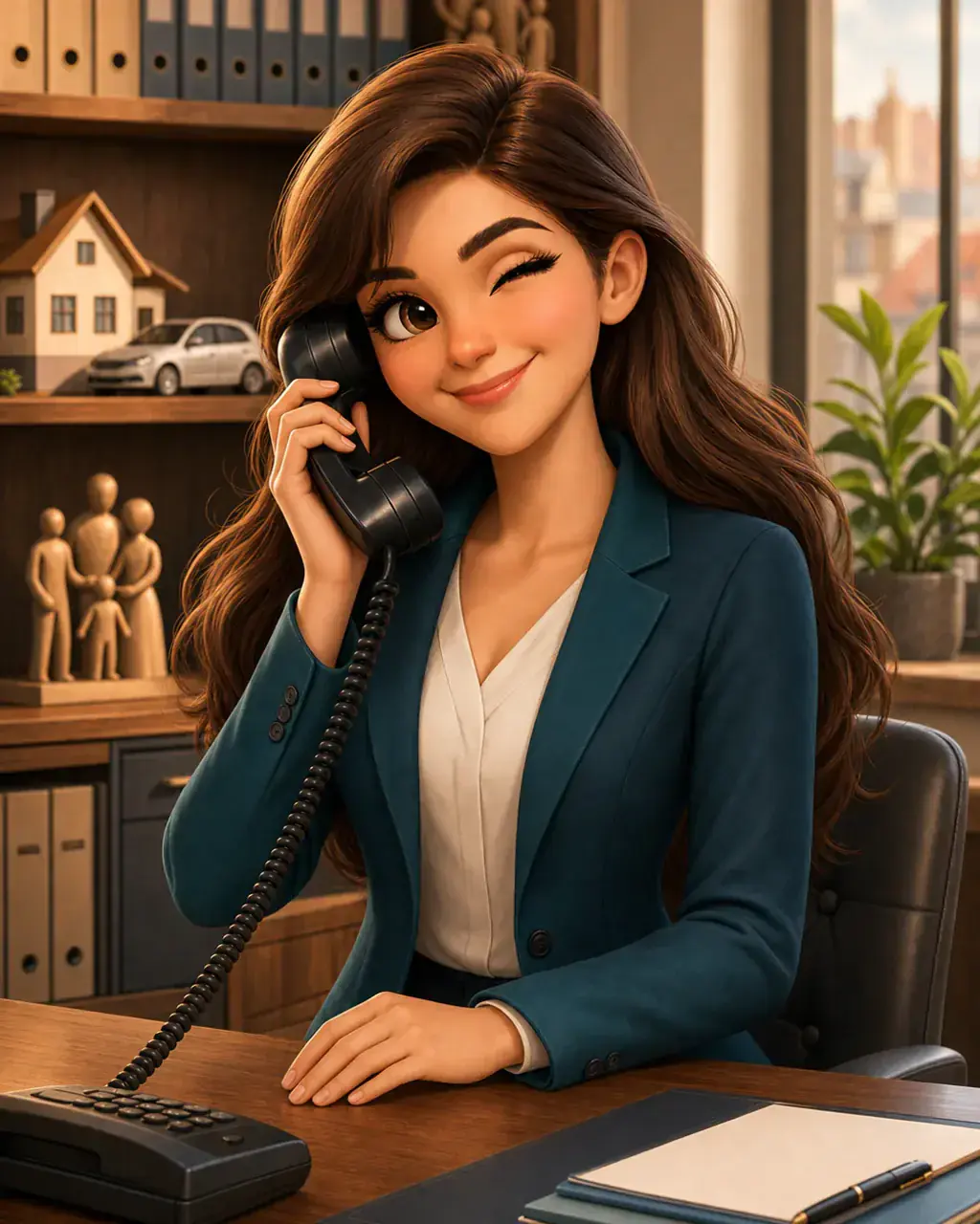 Illustration einer professionellen Telefonassistentin am Empfang eines modernen Büros – KI-Telefonassistenz für Versicherungsmakler