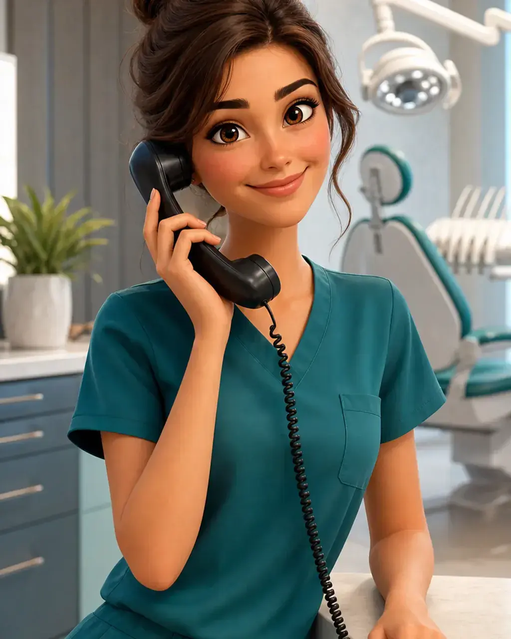 Illustration einer Mitarbeiterin am Telefon am Empfang einer hellen Zahnarztpraxis